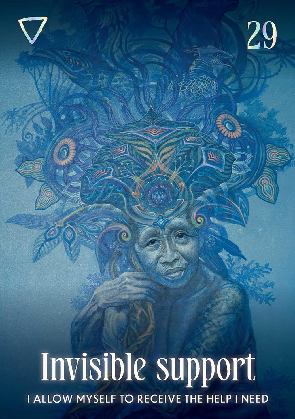 Artistic depiction of a person with intricate designs and text about 'Invisible support' on a blue background.