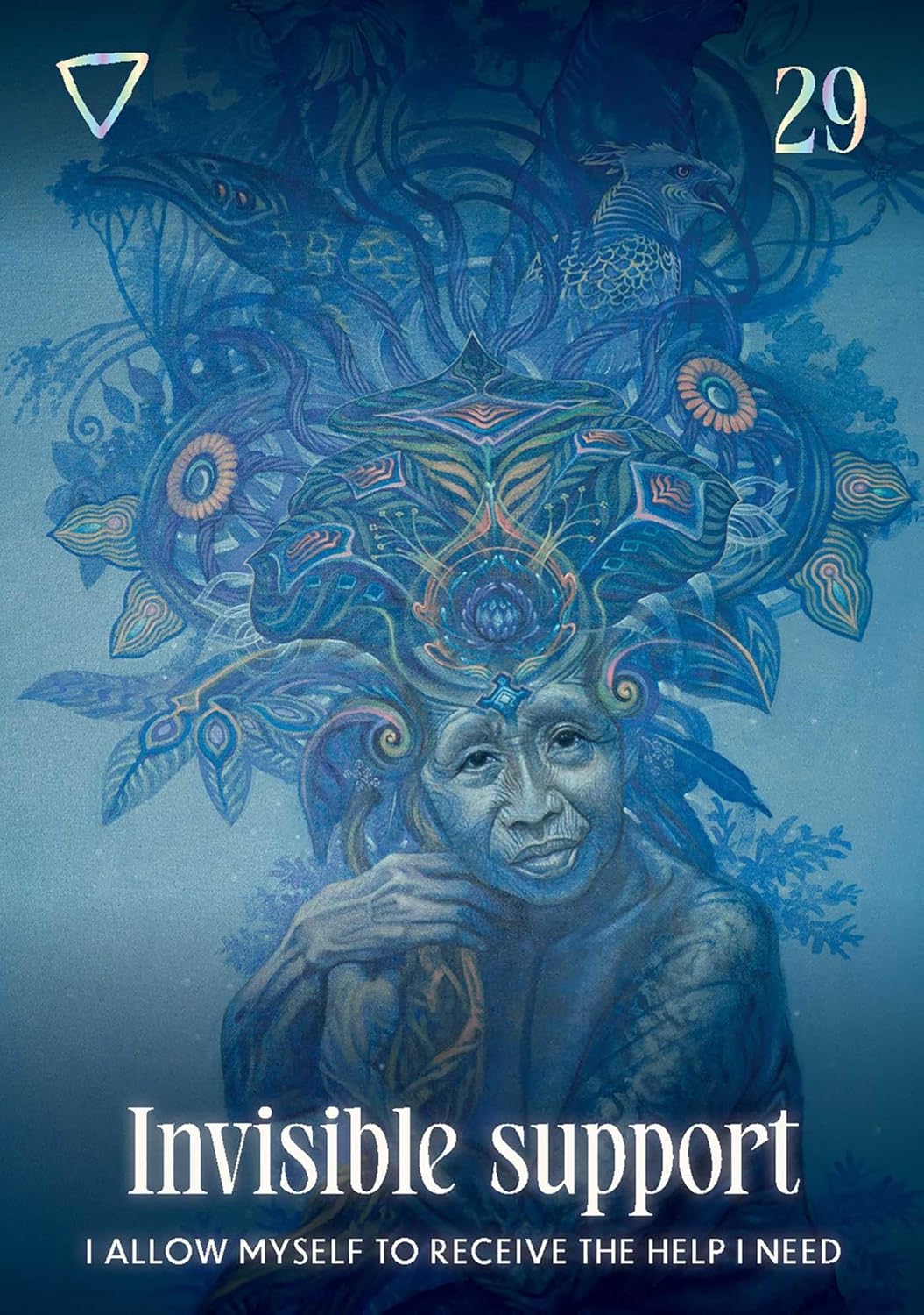 Artistic depiction of a person with intricate designs and text about 'Invisible support' on a blue background.