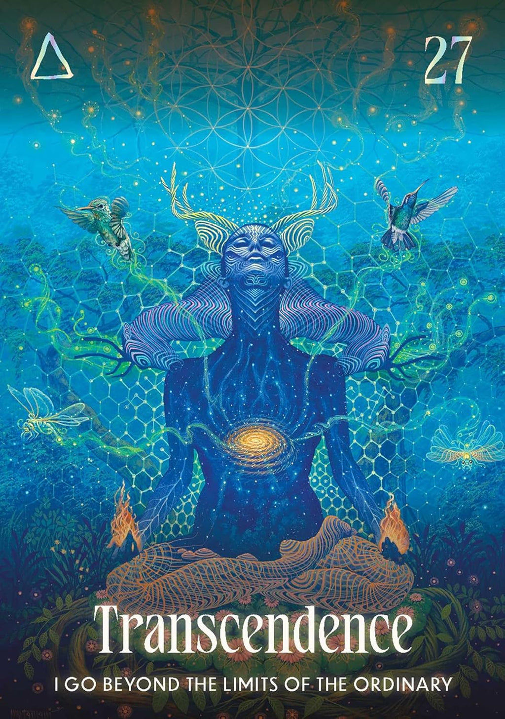 Artistic depiction of a figure with antlers and ethereal elements, titled 'Transcendence'.