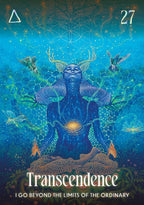 Artistic depiction of a figure with antlers and ethereal elements, titled 'Transcendence'.