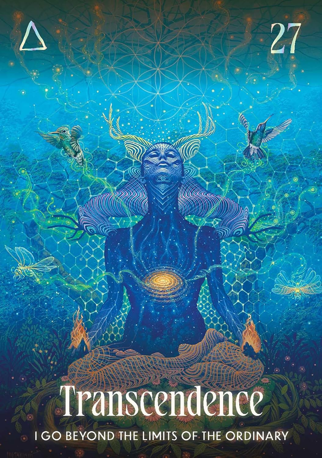 Artistic depiction of a figure with antlers and ethereal elements, titled 'Transcendence'.