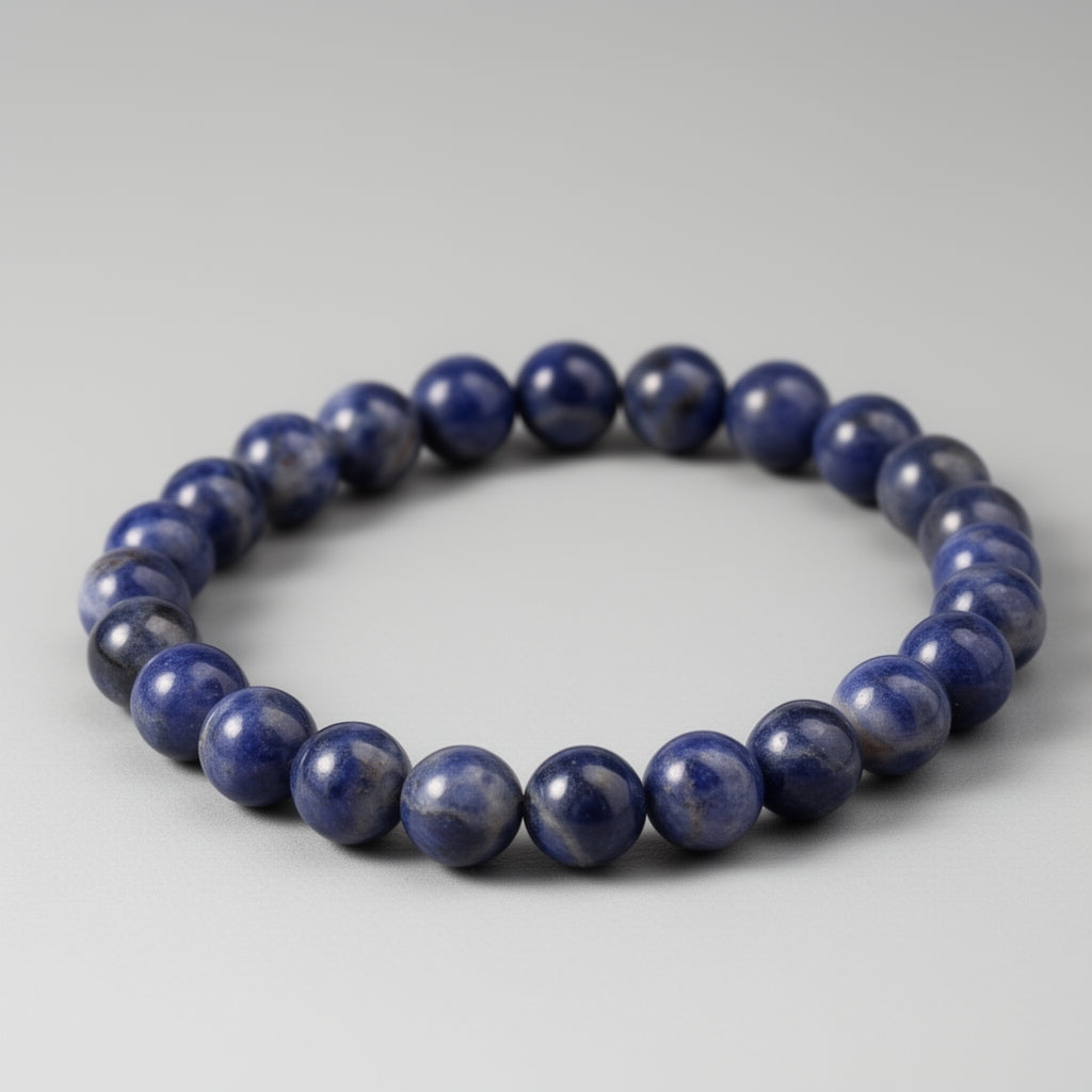 Blue beaded bracelet on a gray background
