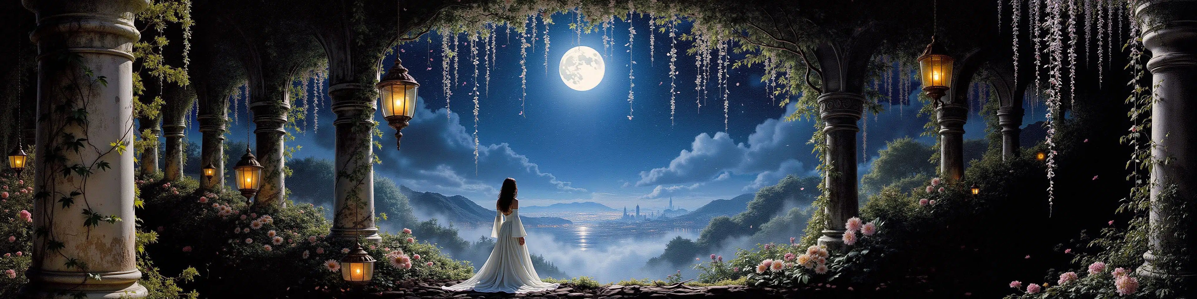 Woman in a white dress standing under a moonlit sky with hanging lanterns and flowers.