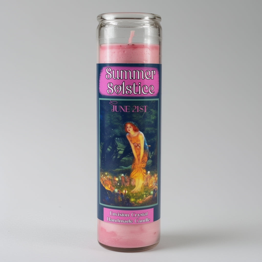 Pink candle with a label for Summer Solstice on a gray background