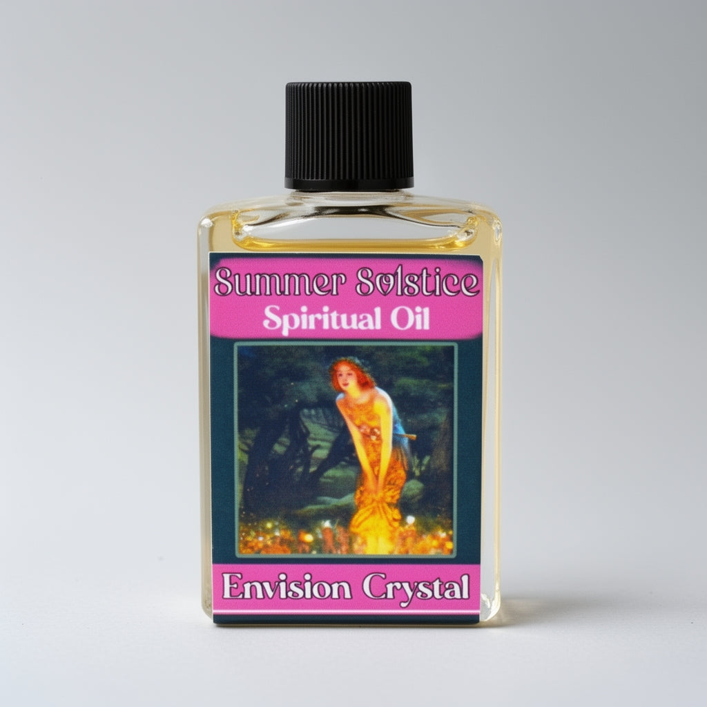 Bottle of Summer Solstice Spiritual Oil with a colorful label on a gray background