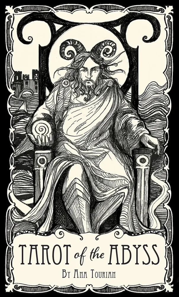Illustration of a figure with ram's horns and the title 'Tarot of the Abyss' by Anna Tourian.