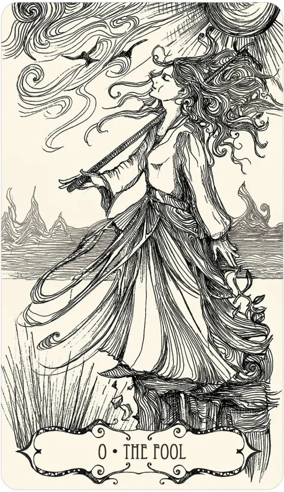 Illustration of 'The Fool' tarot card with a woman in a flowing dress and long hair, set against a stylized landscape.