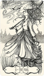 Illustration of 'The Fool' tarot card with a woman in a flowing dress and long hair, set against a stylized landscape.