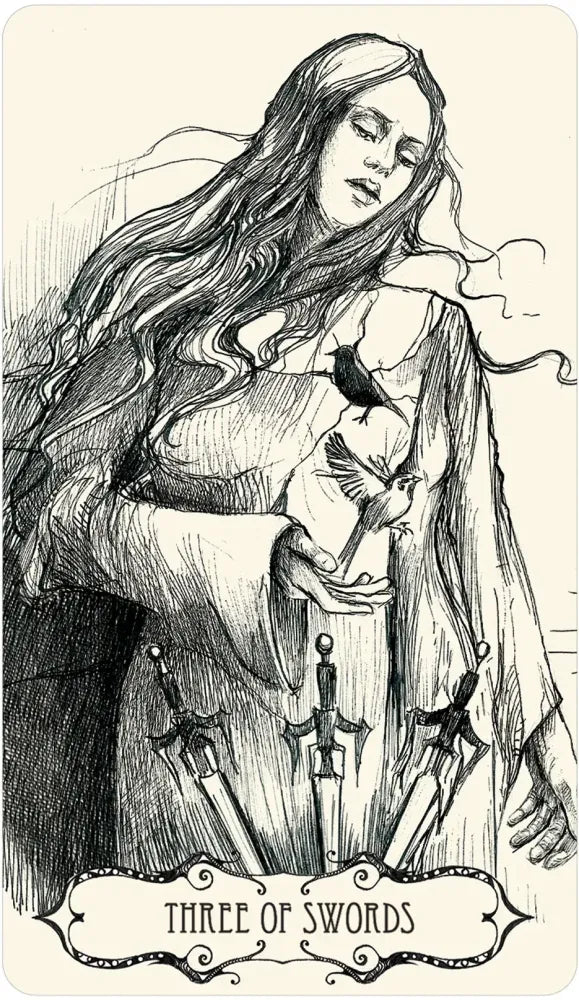 Tarot card illustration of 'Three of Swords' with a woman holding swords.