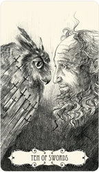 Black and white illustration of a man and an owl with 'Ten of Swords' at the bottom.