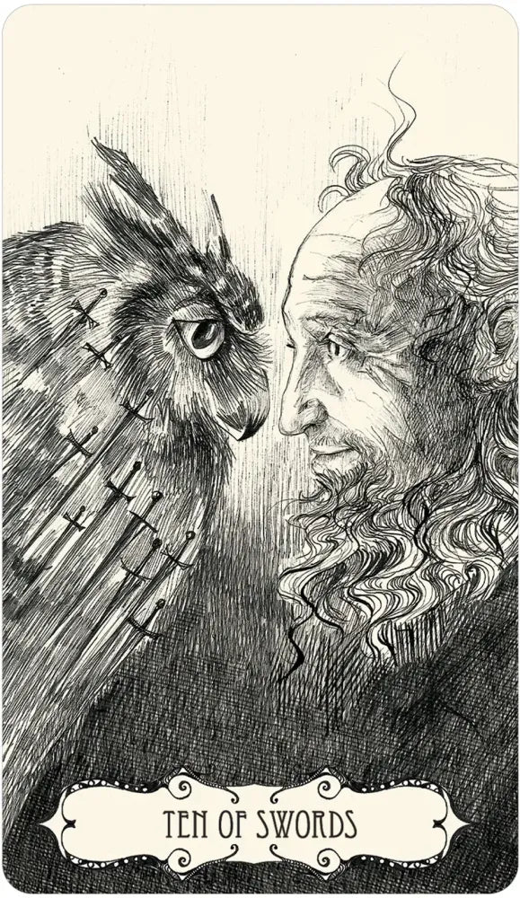 Black and white illustration of a man and an owl with 'Ten of Swords' at the bottom.
