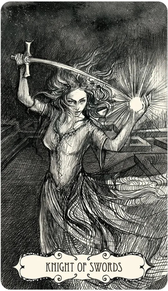 Illustration of a tarot card titled 'Knight of Swords' featuring a woman with a sword.