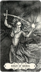 Illustration of a tarot card titled 'Knight of Swords' featuring a woman with a sword.