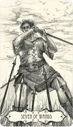 Illustration of a warrior with 'Seven of Wands' at the bottom, against a cloudy sky.