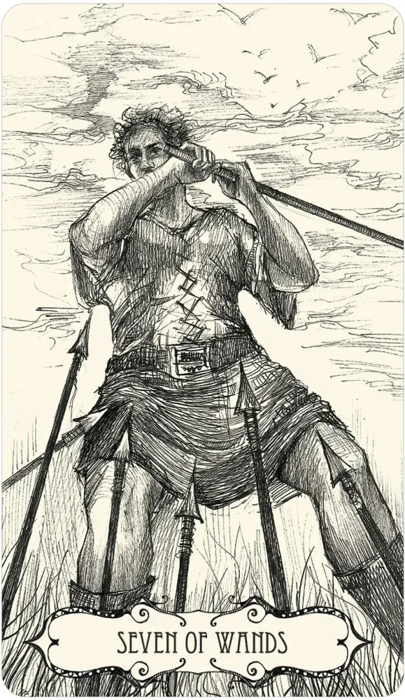 Illustration of a warrior with 'Seven of Wands' at the bottom, against a cloudy sky.