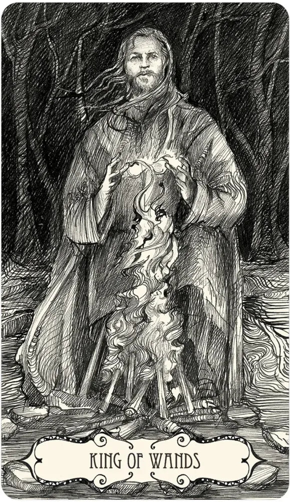 King of Wands tarot card with a figure in a forest