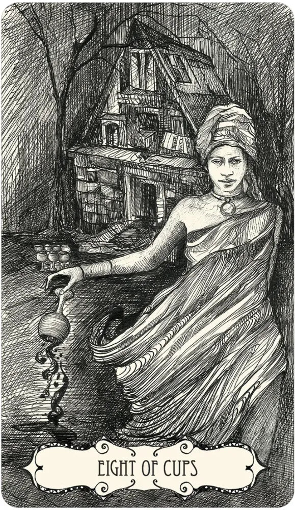 Vintage-style illustration of a woman in a sari with a house in the background, labeled 'Eight of Cups'.
