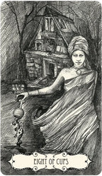 Vintage-style illustration of a woman in a sari with a house in the background, labeled 'Eight of Cups'.