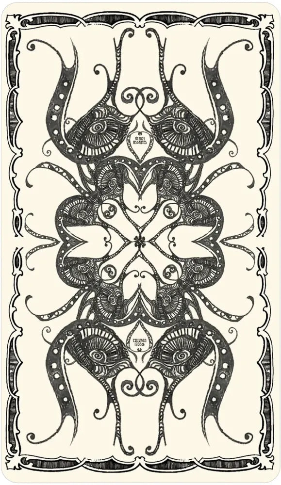 Decorative card with intricate black patterns on a white background