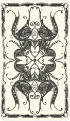 Decorative card with intricate black patterns on a white background