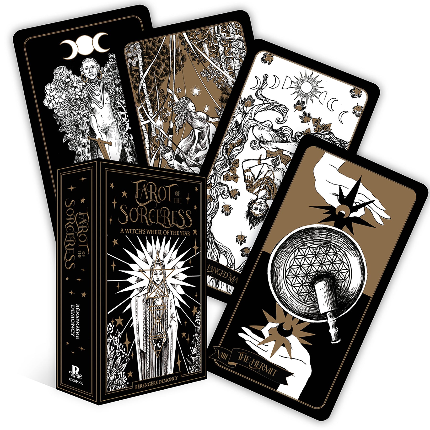 Tarot cards from the 'Sorceress' deck with a central box displaying the brand name.