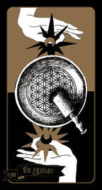 Tarot card featuring hands holding a bowl with a geometric design, symbolizing 'The Hermit'.