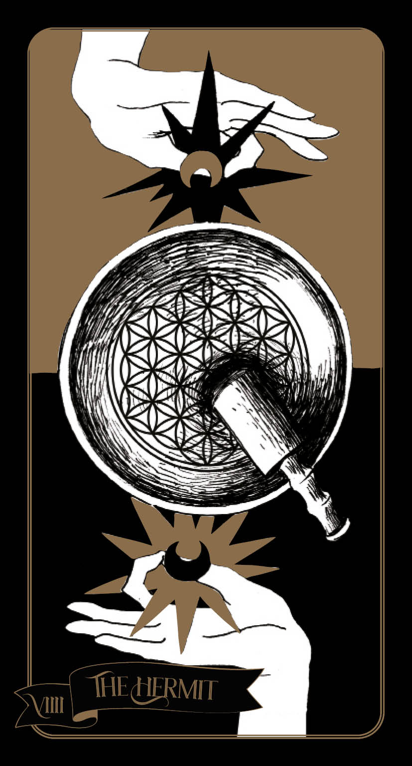 Tarot card featuring hands holding a bowl with a geometric design, symbolizing 'The Hermit'.