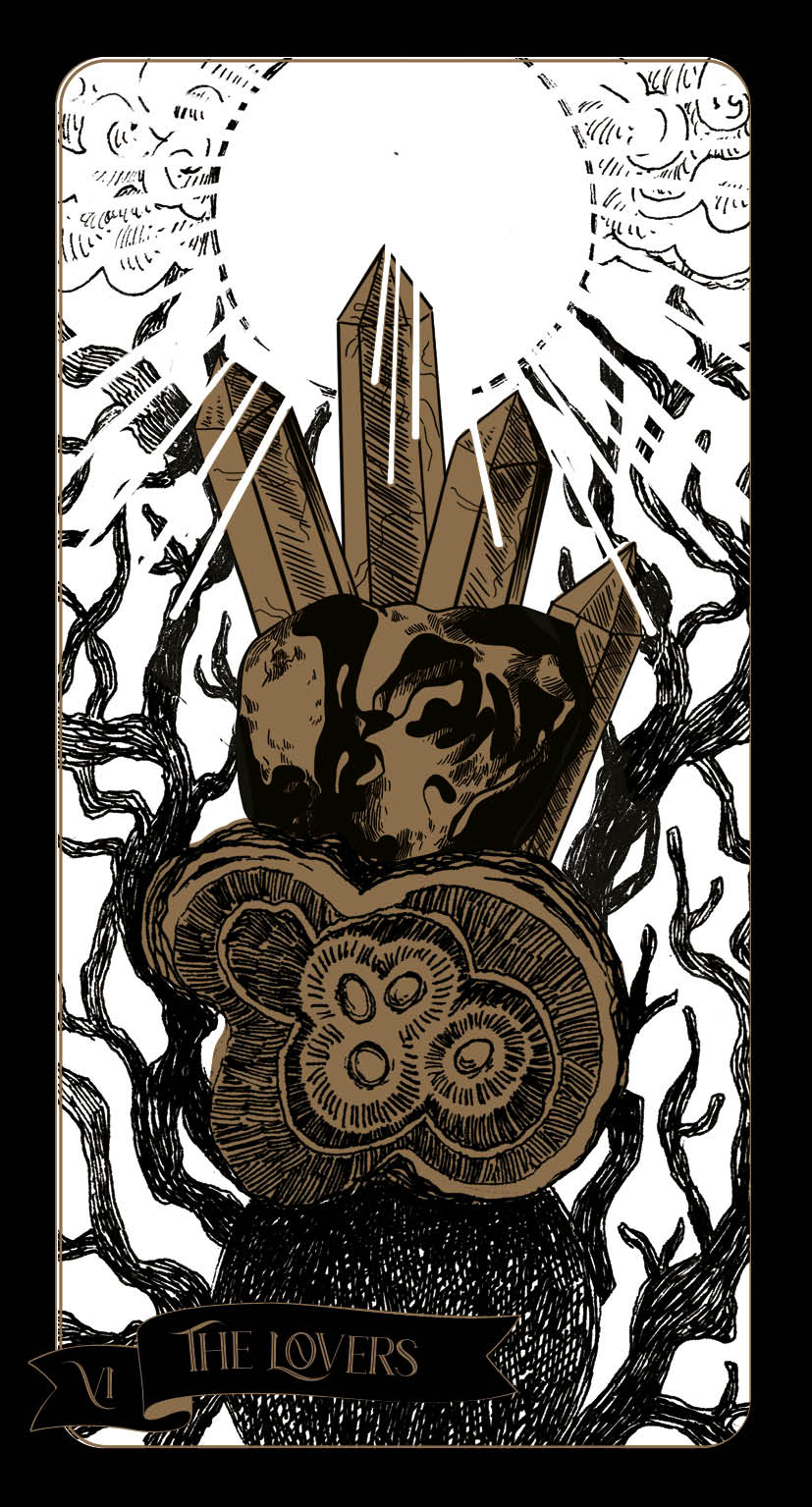 Tarot card featuring a hand holding crystals with a black and white background