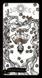 Tarot card featuring 'The Flayed Man' with intricate designs and symbols.