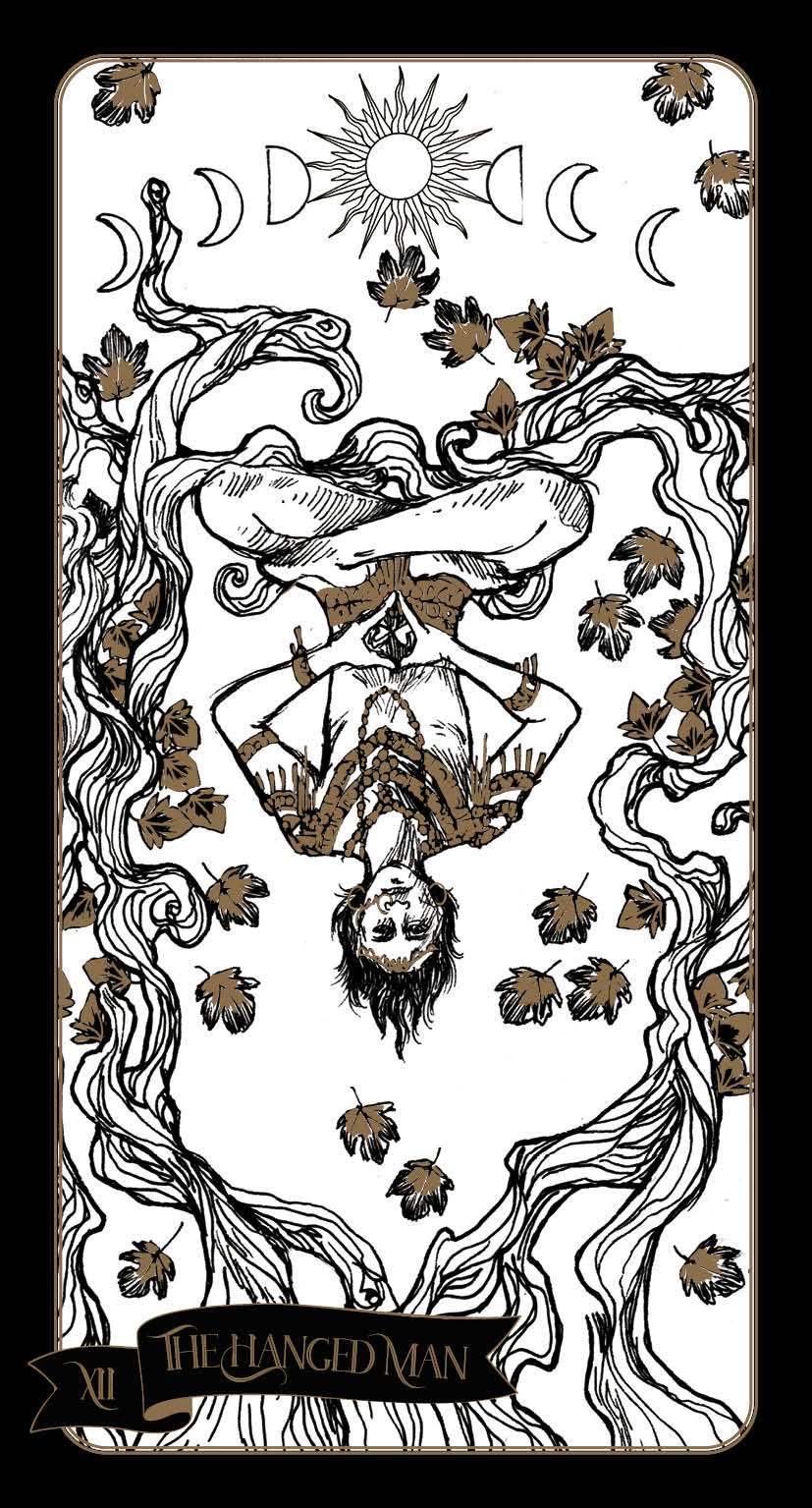 Tarot card featuring 'The Flayed Man' with intricate designs and symbols.
