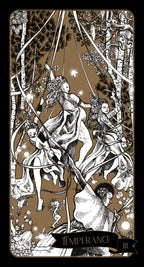 Tarot card featuring a stylized illustration of women in a forest with 'Temperance' at the bottom.