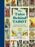 Book cover of 'The Tales Behind TAROT' by Alison Davies, featuring a central title panel surrounded by illustrated tarot card faces on a cream background with a dark blue vertical band on the left.