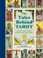 Book cover of 'The Tales Behind TAROT' by Alison Davies, featuring a central title panel surrounded by illustrated tarot card faces on a cream background with a dark blue vertical band on the left.