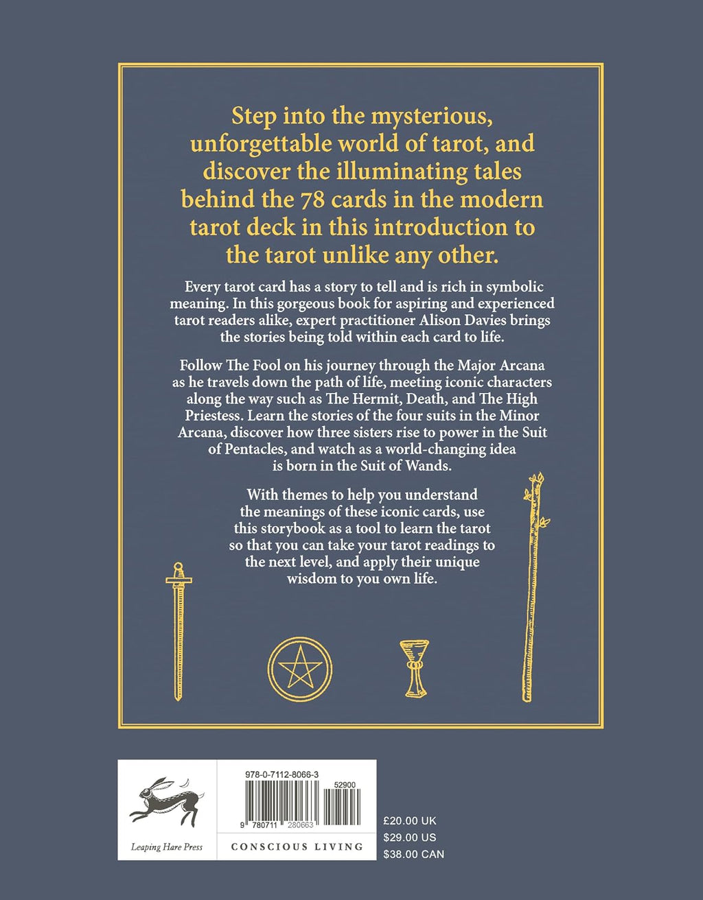 Back cover of a tarot card guide book by Conscious Living, featuring a dark slate blue background with a gold border, gold title text, and gold line illustrations of tarot symbols including a pentacle, sword, and cup.