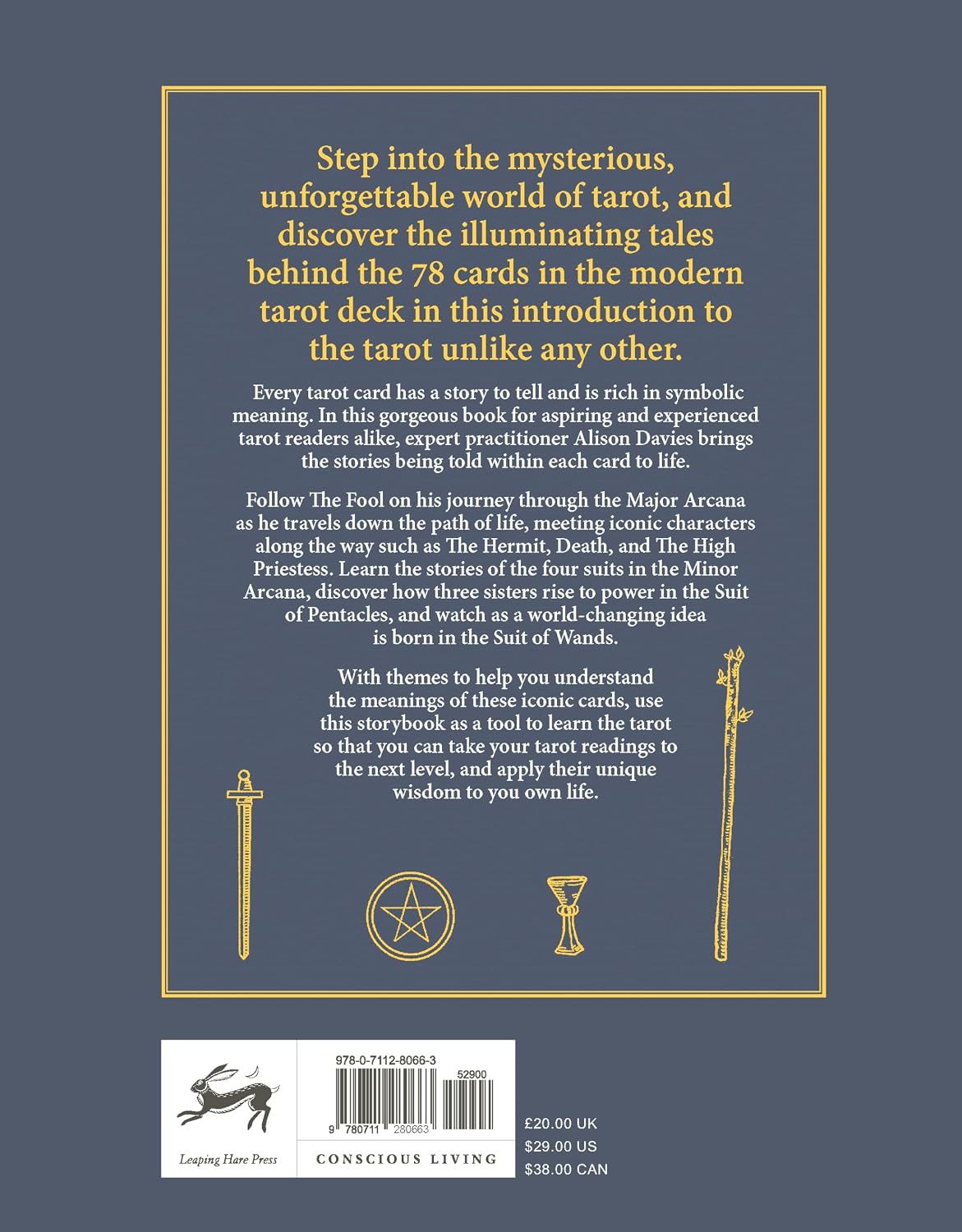 Back cover of a tarot card guide book by Conscious Living, featuring a dark slate blue background with a gold border, gold title text, and gold line illustrations of tarot symbols including a pentacle, sword, and cup.