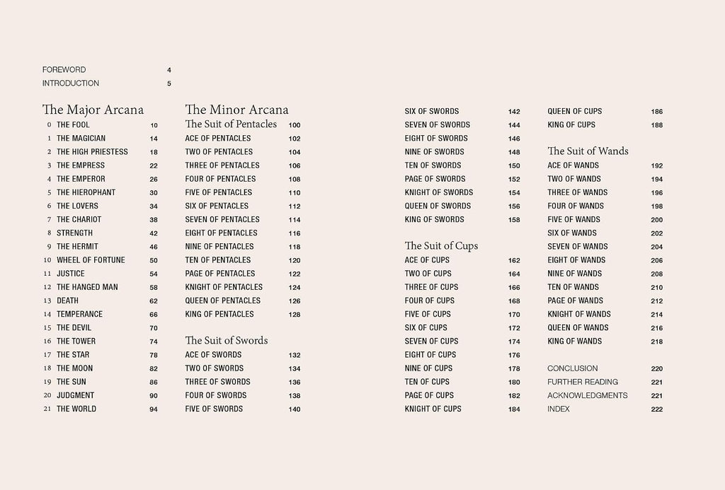 A printed page showing a table of contents with the title 'The Major Arcana' and numbered chapter and page entries laid out in two columns on a light gray background.