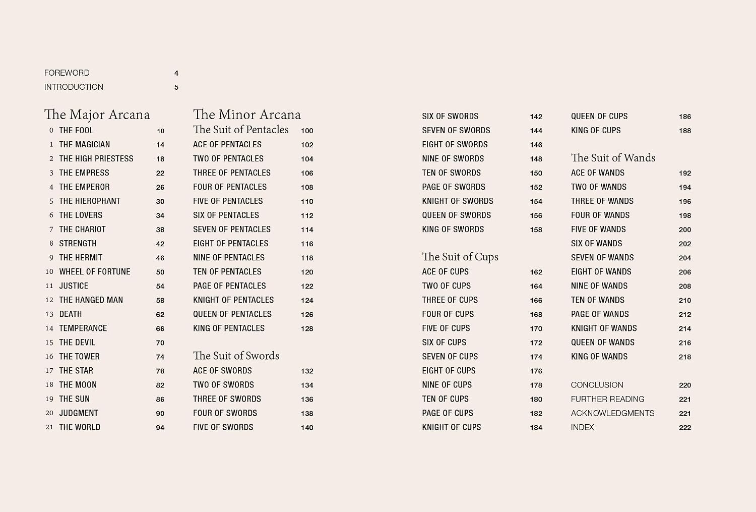 A printed page showing a table of contents with the title 'The Major Arcana' and numbered chapter and page entries laid out in two columns on a light gray background.
