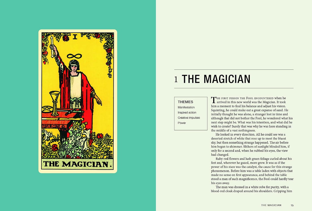 A two-page spread from a book or magazine featuring the 'The Magician' tarot card on the left and an article titled 'THE MAGICIAN' on the right. The left page has a teal background with the tarot card centered, and the right page is off-white with black text.