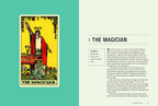 A two-page spread from a book or magazine featuring the 'The Magician' tarot card on the left and an article titled 'THE MAGICIAN' on the right. The left page has a teal background with the tarot card centered, and the right page is off-white with black text.