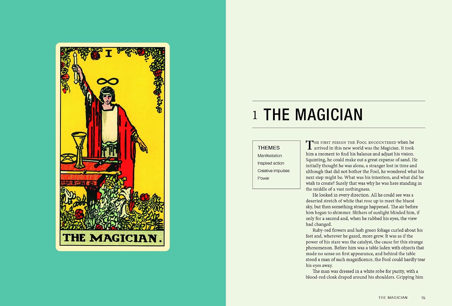 A two-page spread from a book or magazine featuring the 'The Magician' tarot card on the left and an article titled 'THE MAGICIAN' on the right. The left page has a teal background with the tarot card centered, and the right page is off-white with black text.