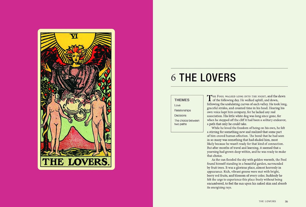 An open book spread showing a tarot card illustration titled 'The Lovers' on a bright pink page, next to a cream page with the heading '6 The Lovers' and a short text excerpt.