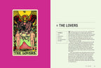 An open book spread showing a tarot card illustration titled 'The Lovers' on a bright pink page, next to a cream page with the heading '6 The Lovers' and a short text excerpt.