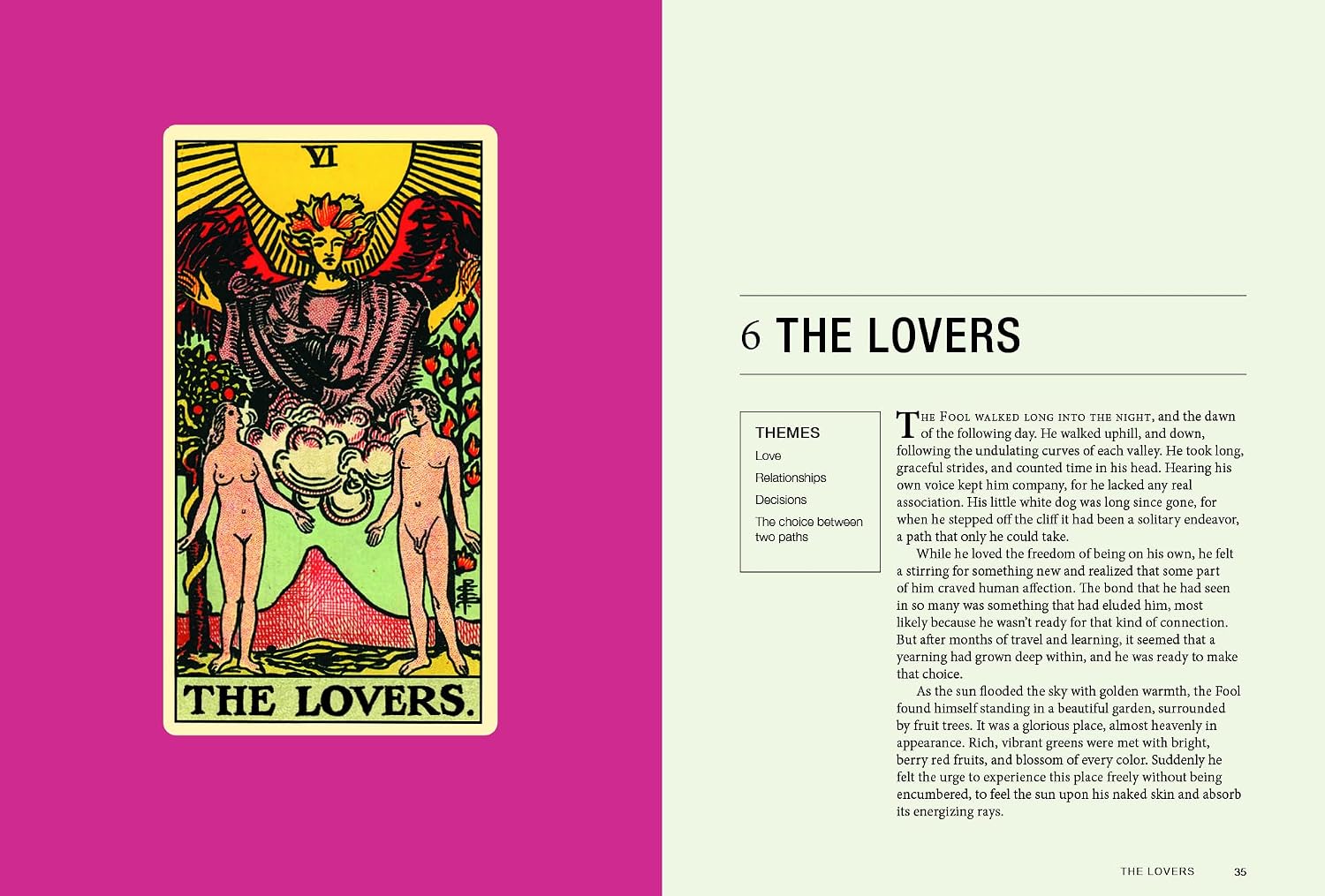 An open book spread showing a tarot card illustration titled 'The Lovers' on a bright pink page, next to a cream page with the heading '6 The Lovers' and a short text excerpt.