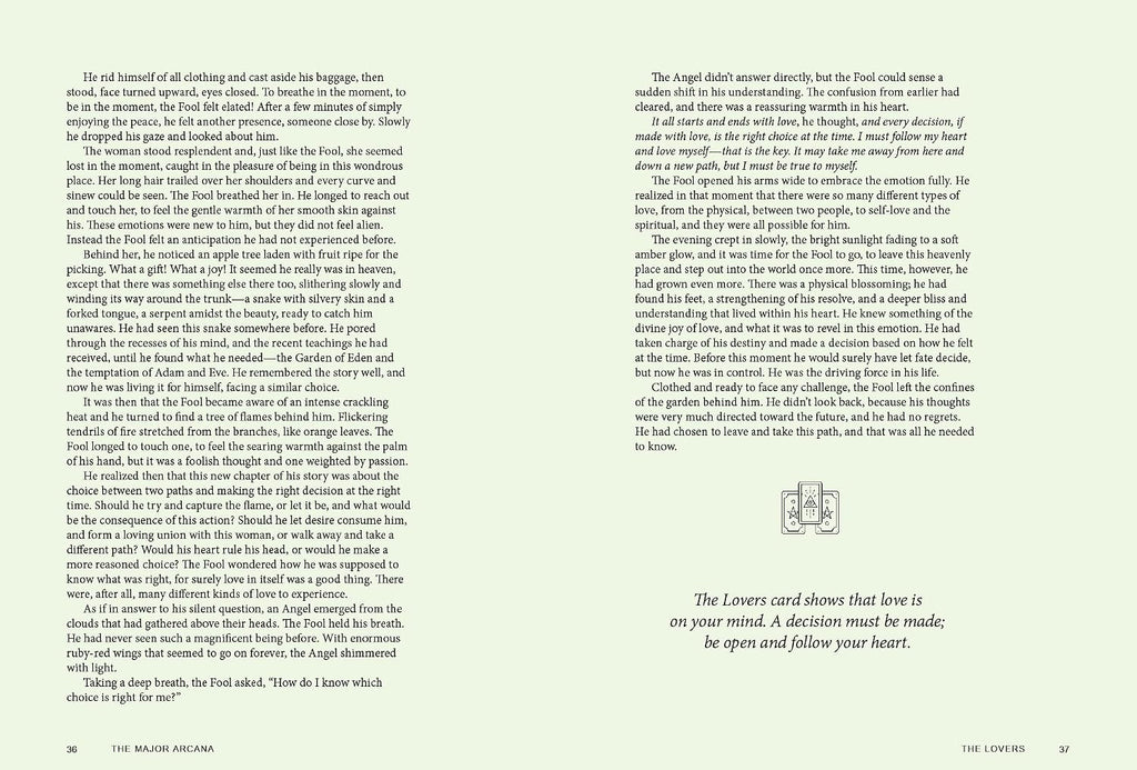 A two-page spread from a book or magazine showing printed text columns and a small line drawing in the lower right of a card with the words 'THE LOVERS card shows that love is on your mind. A decision must be made, and you should follow your heart.