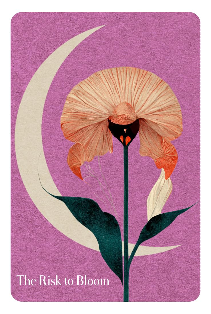 Floral design with a crescent moon on a purple background, featuring the text 'The Risk to Bloom'.