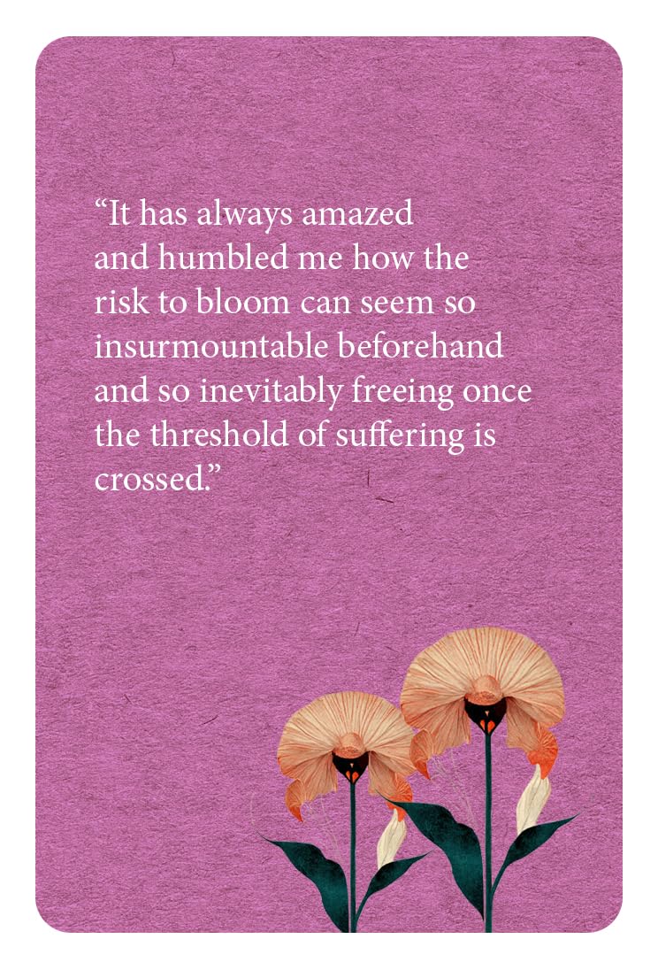 Purple card with floral design and inspirational quote on a pink background