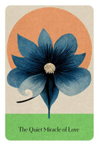 Card with a blue flower illustration and 'The Quiet Miracle of Love' text on a beige and green background