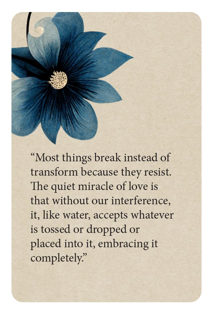 Card with blue flower illustration and inspirational quote on beige background