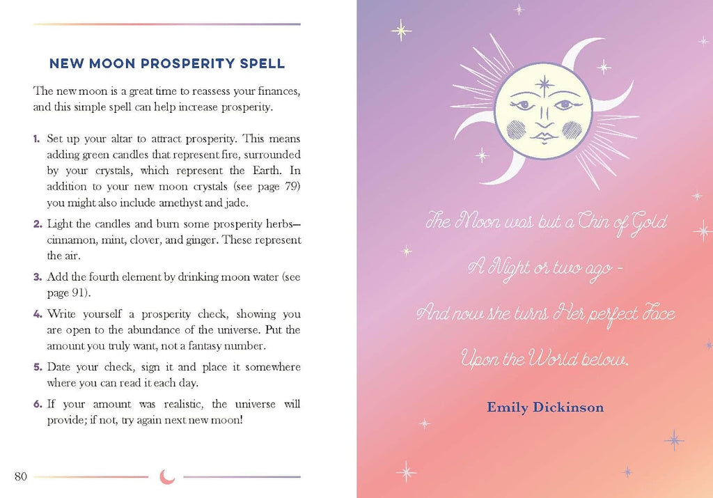 A two-page spread from a book or booklet about a 'New Moon Prosperity Spell,' with text on the left page and a decorative celestial illustration on the right page over a pink-to-purple gradient background.