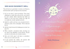A two-page spread from a book or booklet about a 'New Moon Prosperity Spell,' with text on the left page and a decorative celestial illustration on the right page over a pink-to-purple gradient background.